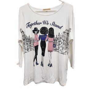 Mesh + Lace Womens Top Medium White Together We Stand Graphic Novelty Artsy